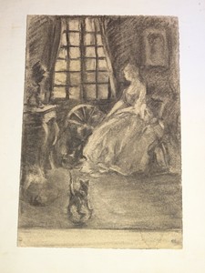 Détails Sur Ecole Francaise Xix Dessin Fusain Scene Interieur Femme Chat Rouet Fenetre 1900