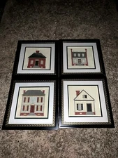 Vintage Primitive SALTBOX HOUSES Framed Art Set of 4 Farmhouse Collage ❤️sj10m3