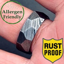 Customized Handmade Faceted Gunmetal Damascus Steel Ring Mens Engagement Band