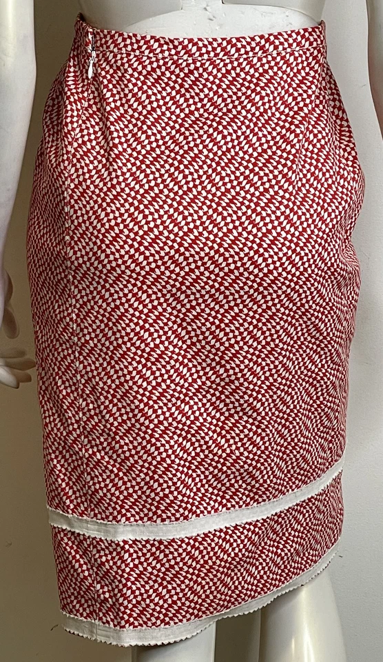 Oscar de la Renta Couture Rojo Blanco Falda Traje 8 Italia Algodón Chic 2 Piezas 3/4 Slv Foto 4 de 4