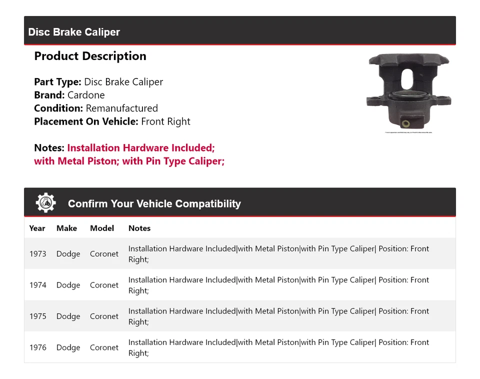 For 1973-1976 Dodge Coronet Disc Brake Caliper Front Right Cardone 1974 1975 - Image 2 of 4