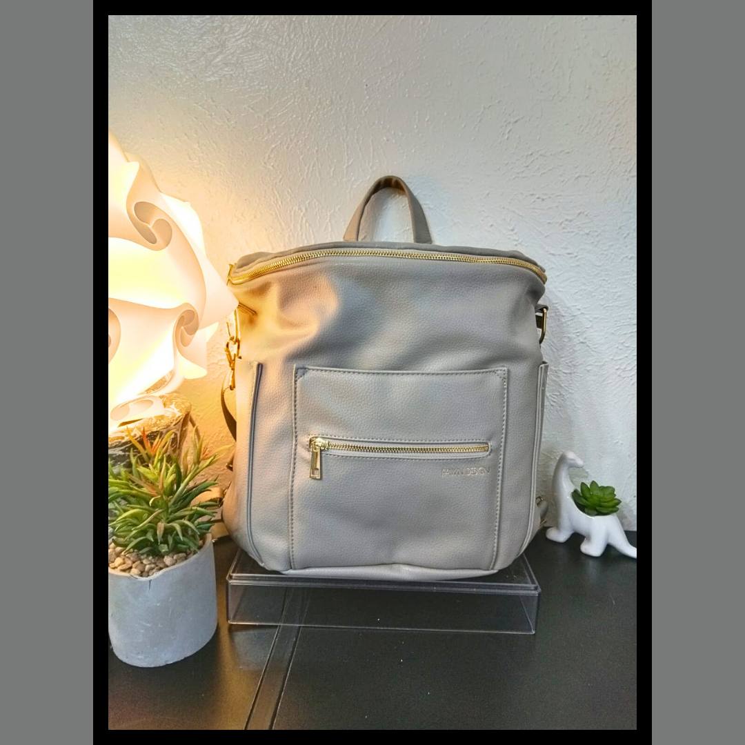 diaper bag fawn design backpack soft gray large neverused-image