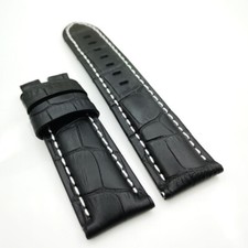 24mm Black Bamboo Leather White Stitch Band Strap for PAM LUNMINOR RADIOMIR