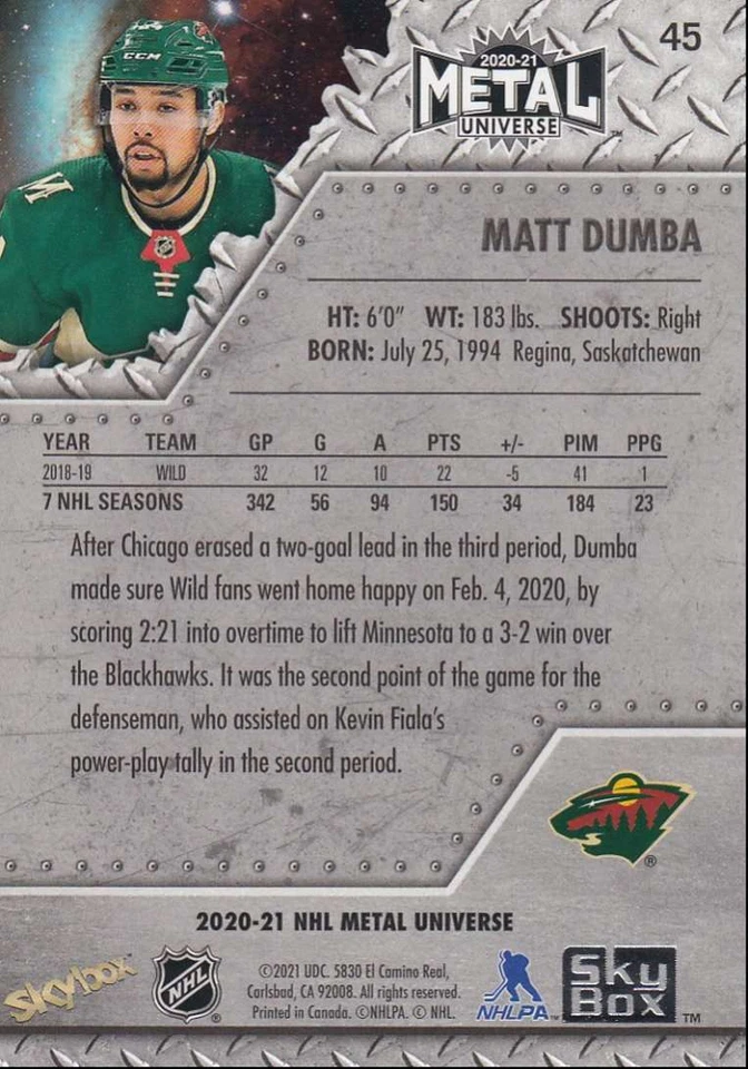 2020-21 Skybox Metal Universe Hockey Matt Dumba Minnesota Wild #45 - Image 2 of 2