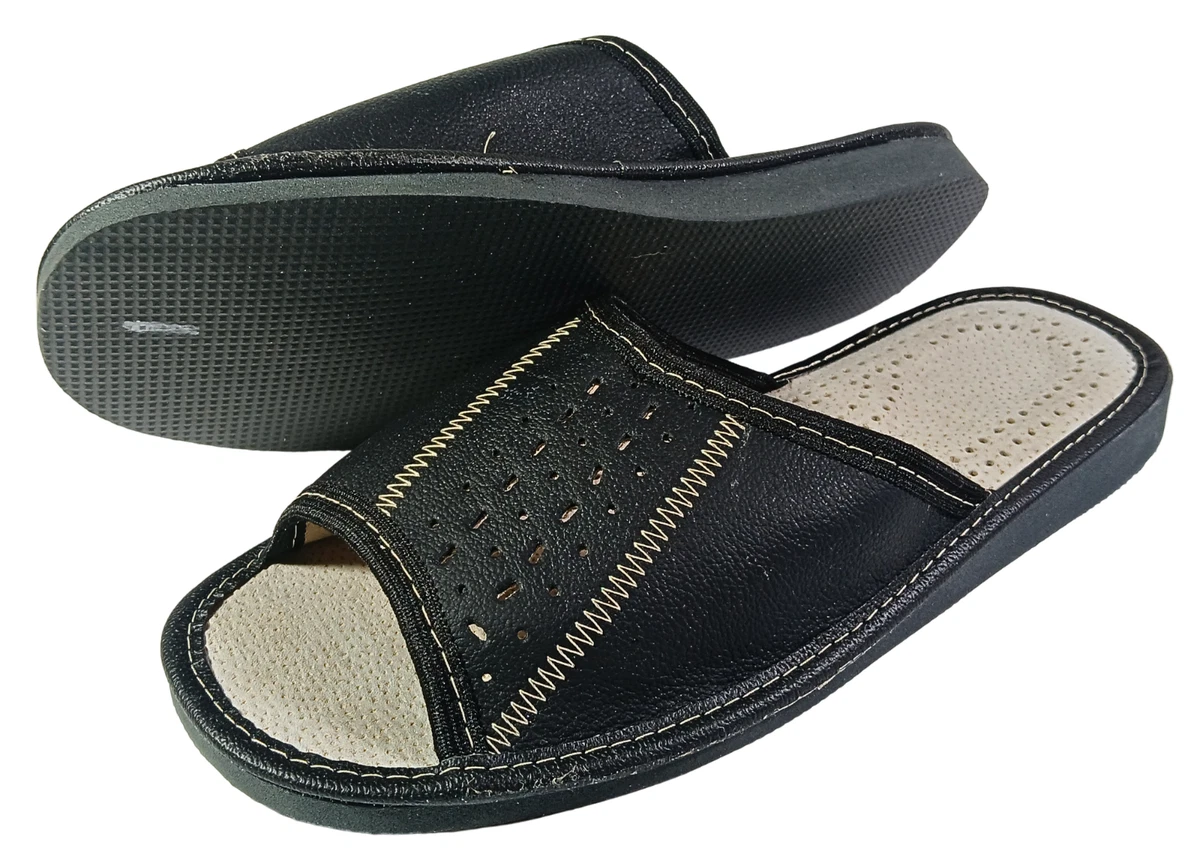 Herren Hausschuhe Leder Pantoffeln Sandalen Schwarz Latschen Schlappen Gr. 40-48