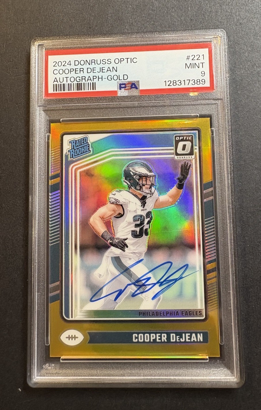 Cooper DeJean Rated Rookie On Card Auto Gold /10 2024 Donruss Optic RC PSA 9