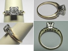 V585 Vintage Solid 14K Yellow and White Gold Diamond Engagement Ring, Sz 6.25