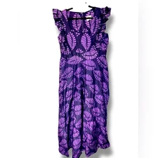 Sika x Anthropologie Ruffled Maxi Dress in Purple Tagoe Leaf Pattern Sz 22W EUC