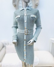 Karen Millen Ice Grey Blue Heavy Rib knit Belted Utility Shirt Dress M 12