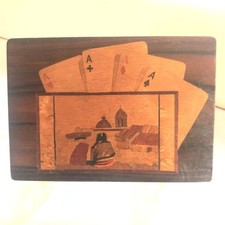Jesus Salmon Antique Marquetry Playing Card Box- Mexico- Wood Inlay Village Aces