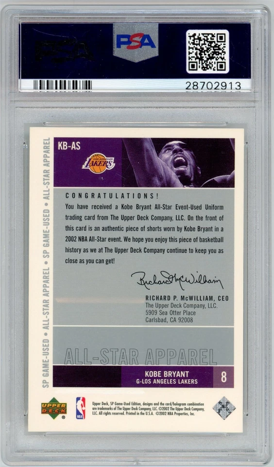 2002 SP Game Used KOBE BRYANT All-Star Apparel Relic LAKERS HOF PSA 9 MINT N779 - Image 2 of 3