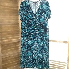 Connected Dress Size 14W V-Neck Flattering Cross-Over Bluegreen Black Trim