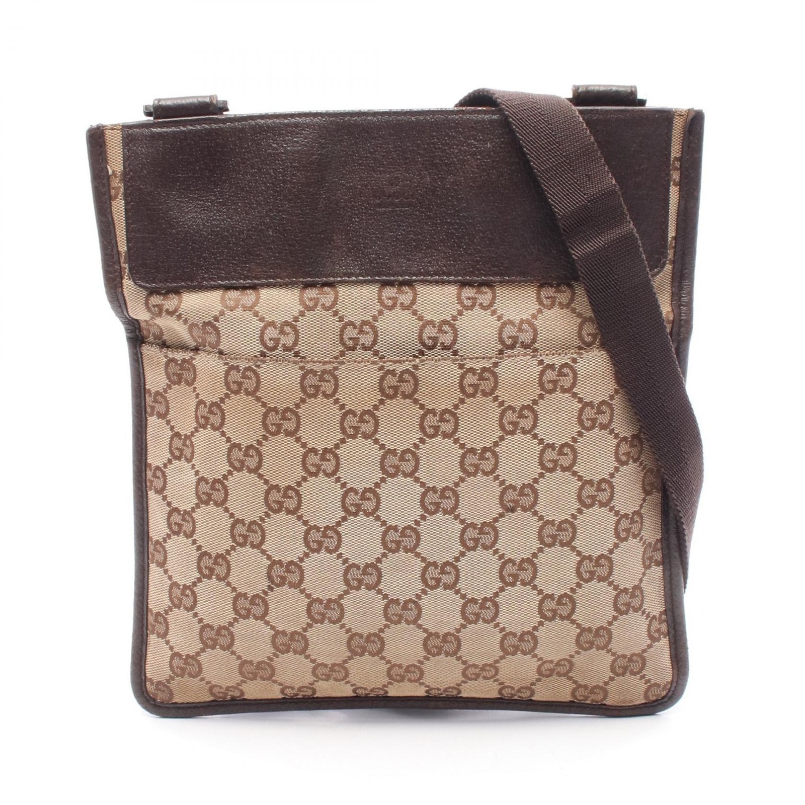 Gucci GG Canvas Shoulder Bag in Beige Brown Leather Preowned 27639