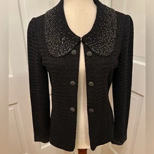 MING WANG Knit Jacket Black Rhinestone Metallic XS Cocktail Glam Embellished