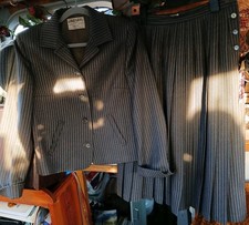 Jaeger Grey Blue Stripe Vintage Ladies 2 Piece Skirt Suit 100% Wool Size 14 Vvgc