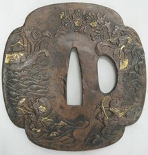 Japanese Antique Copper Tsuba Sword Guard for Wakizashi with Fine Images 0202G16