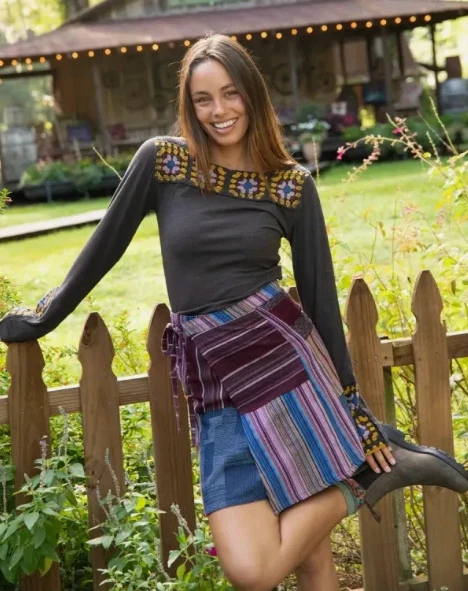 Natural Life Wrap Skirt Patchwork Womens Size S Mini Striped Boho Hippie NEW