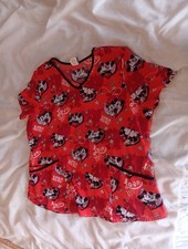 Disney Scrub Top Womens XL Red Hearts Mickey Minnie Valentines Multi Pockets