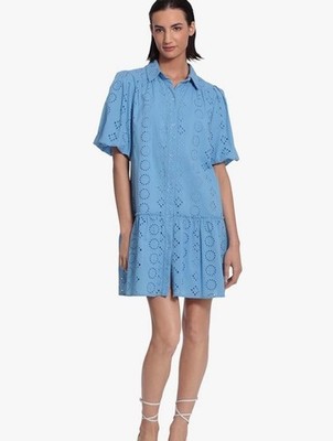 Donna Morgan Women's Button Down Shirt Dress with Ruffle Hem Size US 8 NWT Blue