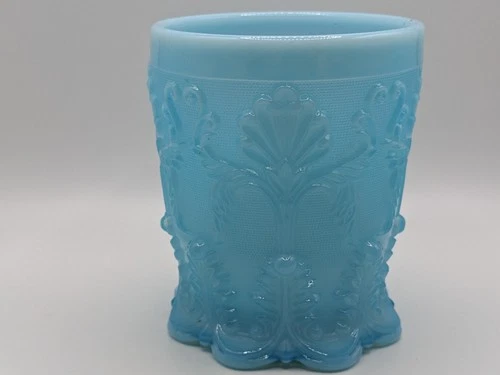 VTG Delphite Blue Milk Glass Tumbler Scroll Flower Footed Cup 1930s Depression