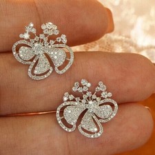 Real Moissanite 3Ctw Round Cut Flower Stud Earrings 14k White Gold Plated Silver
