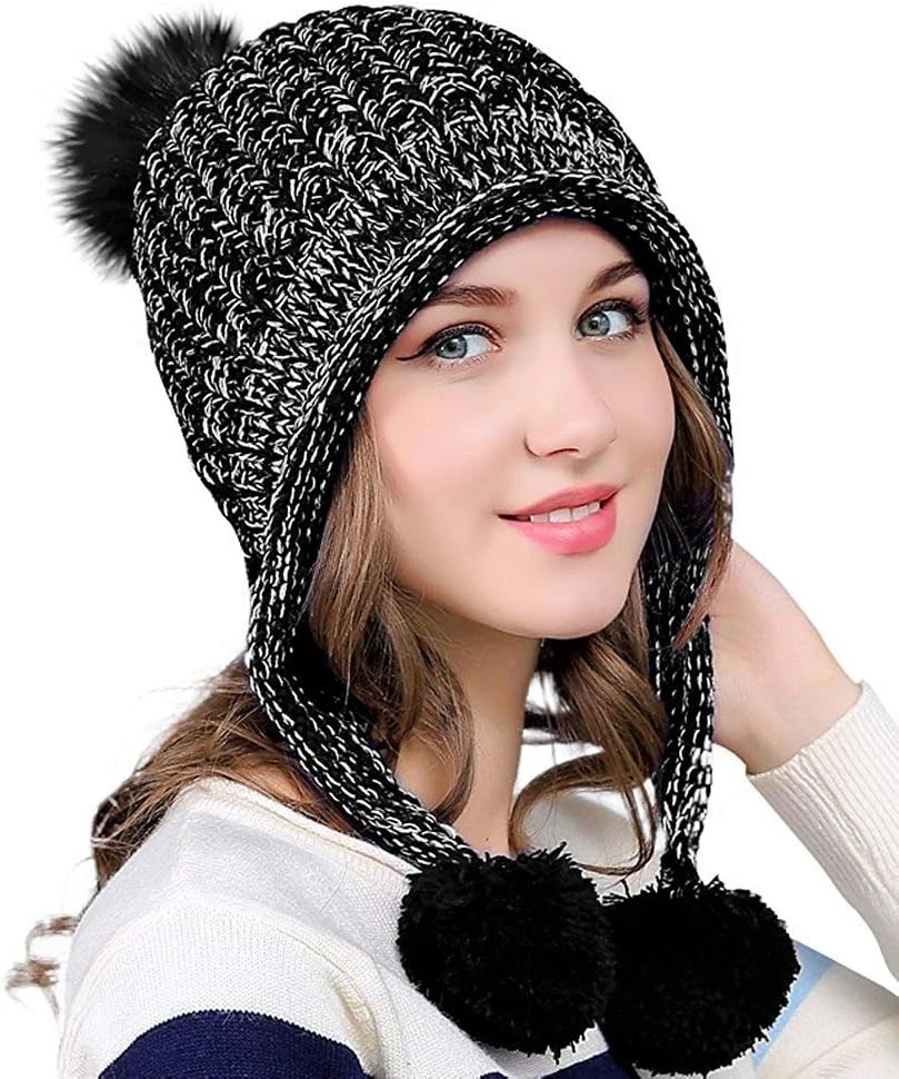 DOCILA Winter Beanie Hat for Women Warm Fleece Lined Pom Knit Earflap A-black