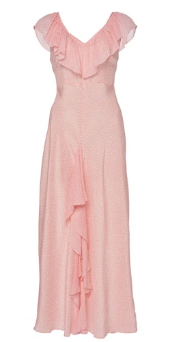 Rixo Antoinette Pink White Patterned Silk V Neck Ruffled Midi Dress ~ Size Large