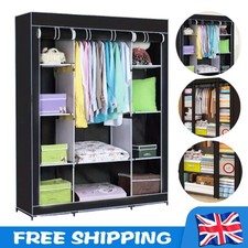 Clearance Canvas Fabric Wardrobe Portable Closet with Hanging Rail & Shelves