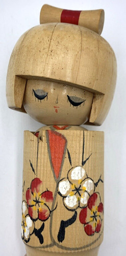 Kokeshi Doll Carved Wooden Japanese Girl Sakura Flower Head Tilt 6"