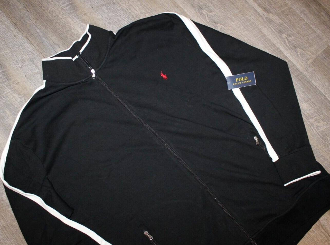 PONY Polo Ralph Lauren nuova con etichette grande alta nera bianca doppia maglia righe pista giacca 3XB