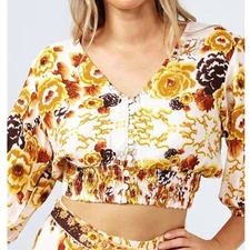 Talisman Halo Short Balloon Sleeve V-Neck Smocked Elastic Waist Top- XL