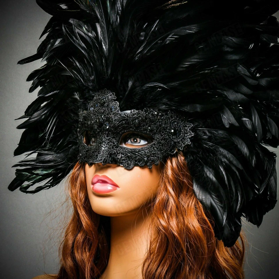 Black Luxury Venetian Carnival Halloween Masquerade Costume Venice Feather Mask - Изображение 4 из 4