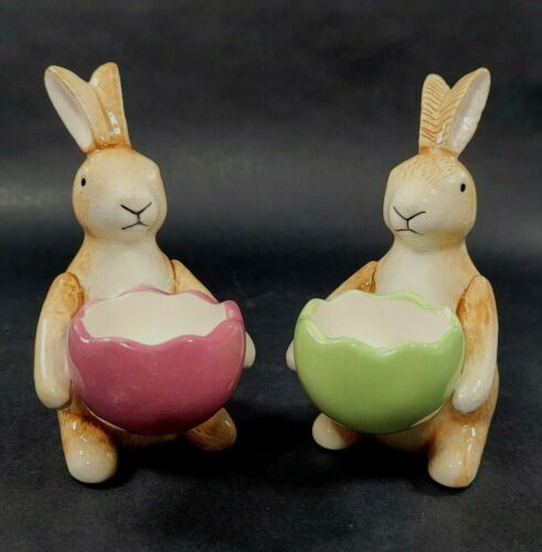 Easter Bunny Rabbit Egg Cup Holder Set of 2 Ceramic Holding Pink Green - Picture 1 of 9