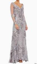 MAC DUGGAL 67539 Platinum Embellished V-Neck Illusion Long Sleeve Gown Size 2