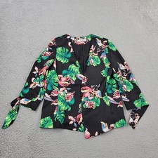 Tahari Blazer Womens 10 Black Performance Flowers AOP Open Front Long Sleeve