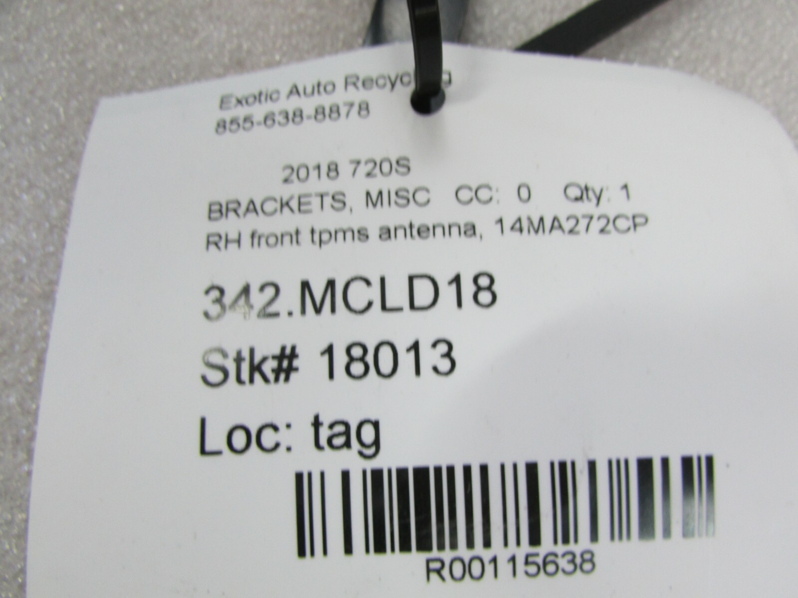 McLaren 720S, RH, Right TPMS Antenna Bracket, Used, P/N 14MA272CP