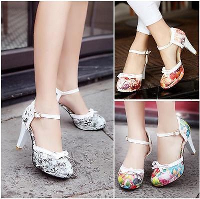 Womens Floral High Heel Flower round toe Bow Ankle Strap Pumps Sweet Shoes size 