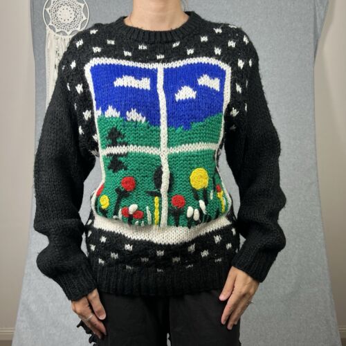 Vintage Katies Jumper Womens 14 Black Window Floral Hand Knitted Ugly Sweater