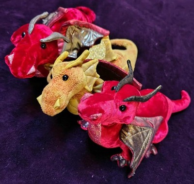 Douglas Cuddle Toys Plush 12'' Topaz Golden And 2 Ruby Red Dragons Glitter Lot 3