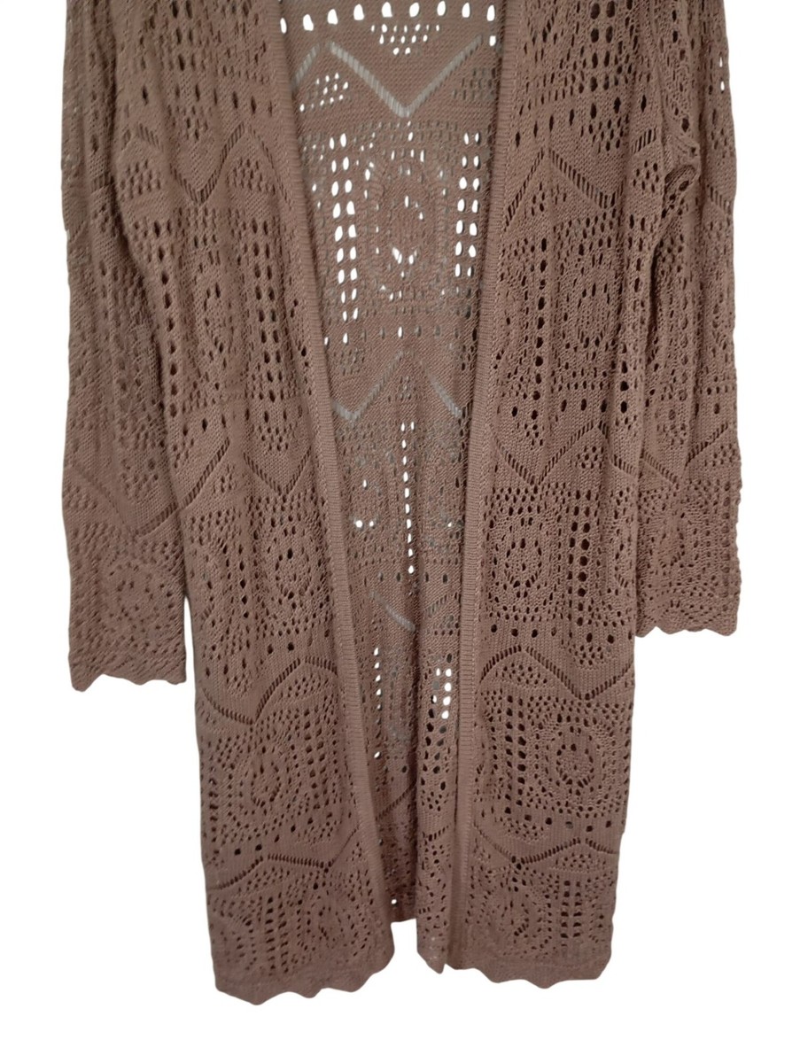 Chelsea & Theodore Tan Open-Front Crochet Cardigan XL Boho
