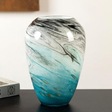 11" H Teal Glass Vases for Flowers, Unique Hand Blown Glass Vase Blue Home Decor