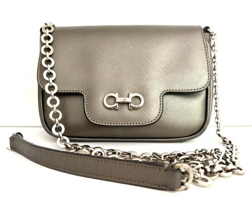 Salvatore Ferragamo Luciana Gancini Pewter Metallic Leather Evening Shoulder Bag