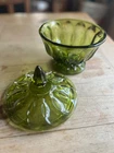 Vintage Indiana Depression Glass Footed Candy Dish with Lid Avocado Green