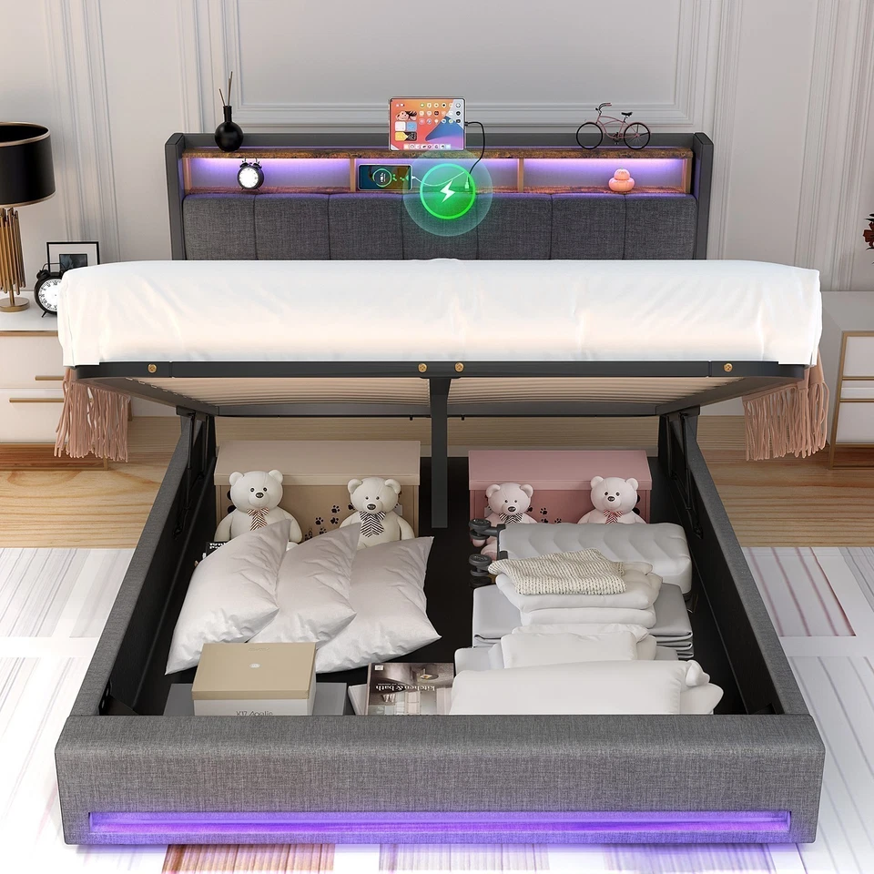 Upholstered Bed LED Double Bed with Charging Station with Headboard Bed Frame Ozakzfojxzck - Image 2 of 4