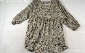 Umgee Women's Tan Black Animal Print V-Neck Babydoll Blouse Balloon Sleeve Sz L
