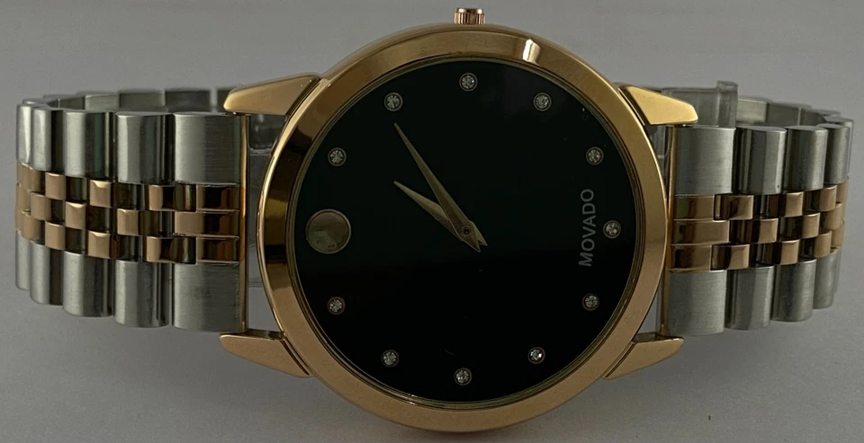 Reloj Pulsera Cuarzo Reacondicionado Aspecto Lujo Doble Tono Movado Delgado Esfera Negra Foto 4 de 4