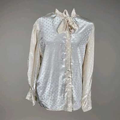 Vtg 80s Cream Ivory Pussybow Blouse XL Satin Academia Librarian Chic Old Money