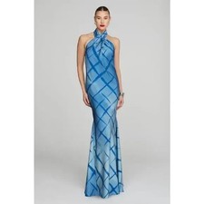 Halston Batik Blue Corinne Satin Halter Gown Dress Size 10 $645