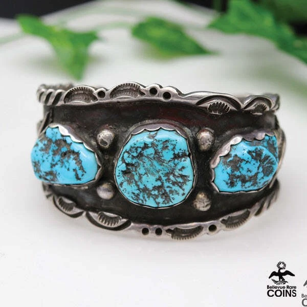 Vintage Navajo Sterling Silver & Turquoise Chunky Decorative Cuff Bracelet