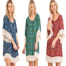 UMGEE Womens Boho Pheasant Chic Bohemian Paisley Fringe 3/4 Sleeve  Dress S M L